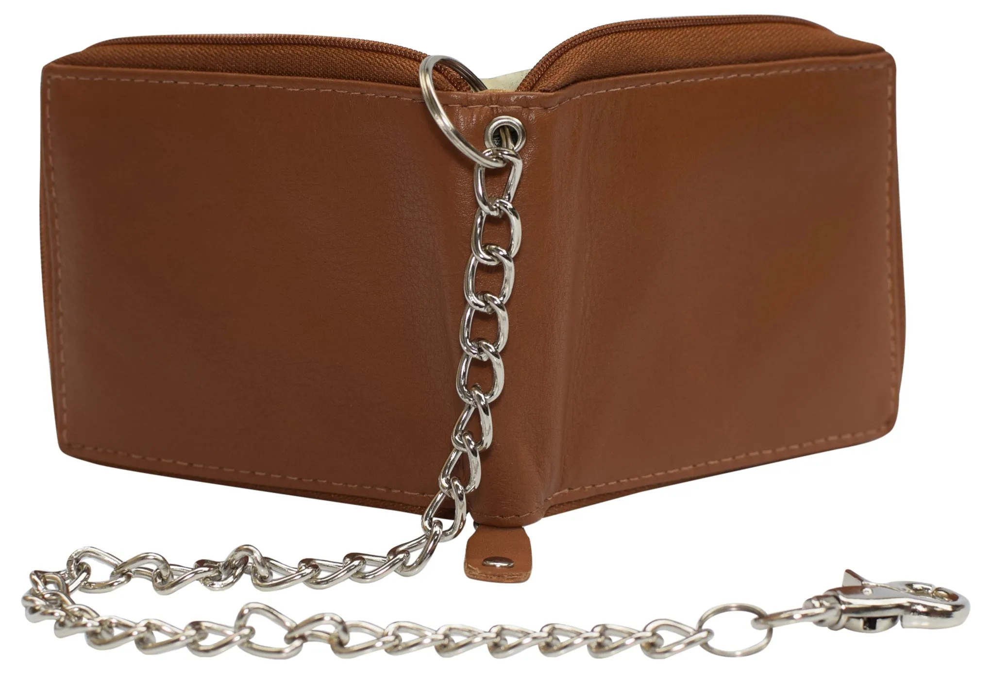 Men Biker Trucker Cow Leather Zip around Bi-fold RFID Chain Wallet Western Style Khaki/Tan Chain Wallet