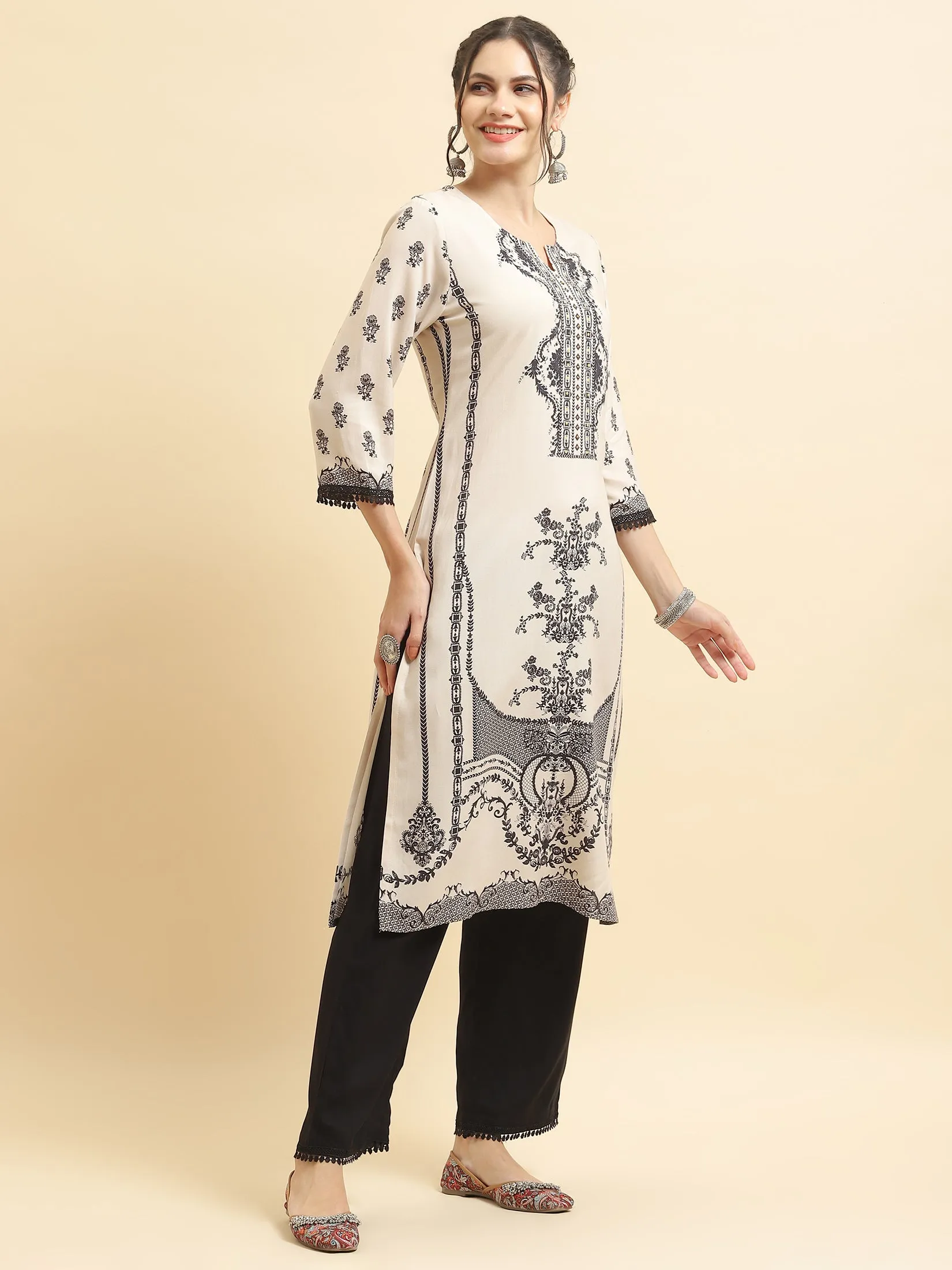 Women Liva Rayon Beige Ornamental Print Kurta Comfort Pant Dupatta